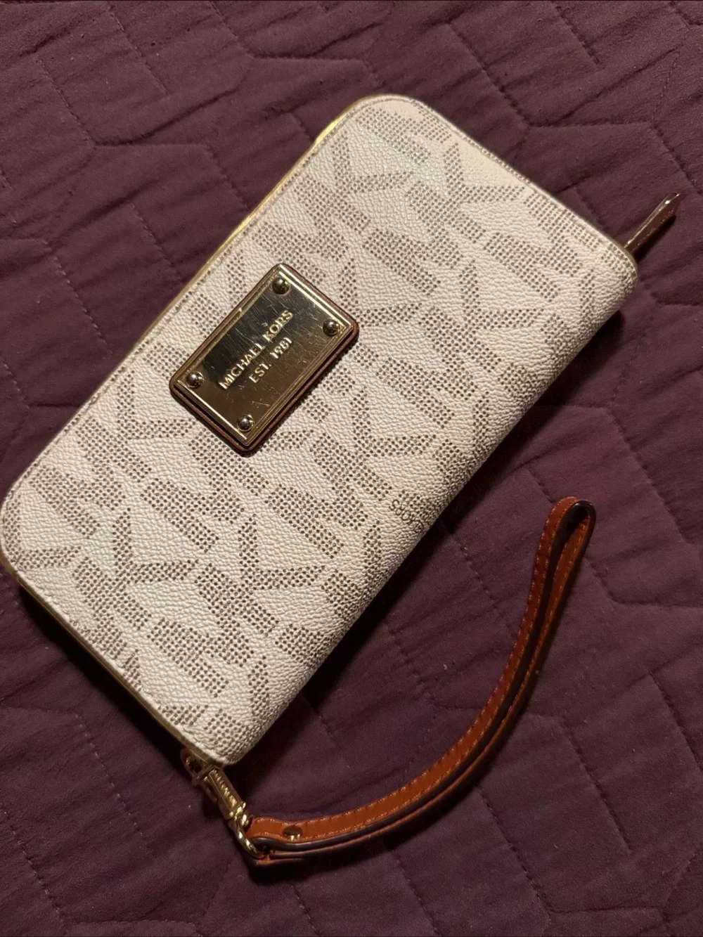 Michael Kors Cream Logo Zip Wristlet with Tan Strap and Gold Hardware